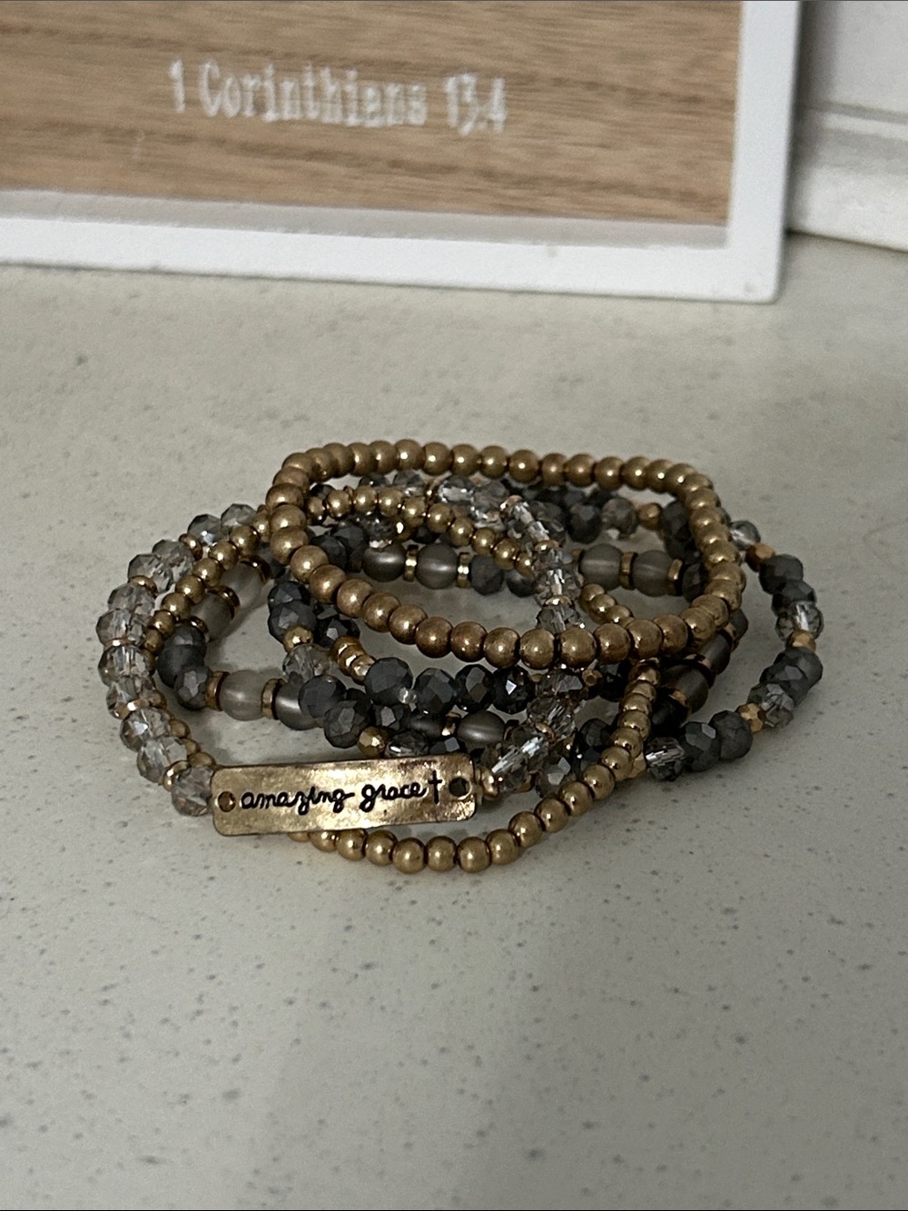 Amazing Grace Gold and Gray Beaded Stretch Bracelet Set